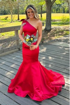 Long Red Mermaid One Shoulder Prom Dresses 801105