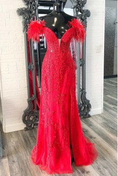 Long Red Mermaid Lace Prom Dresses 801107