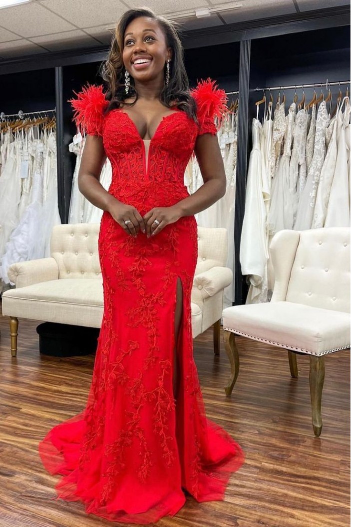 Long Red Mermaid Lace Prom Dresses 801107