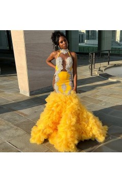 Mermaid Yellow Lace and Tulle Beaded Long Prom Dresses 801111