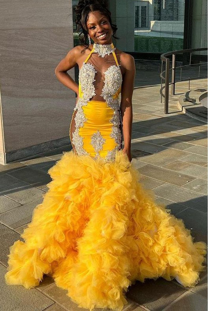 Mermaid Yellow Lace and Tulle Beaded Long Prom Dresses 801111