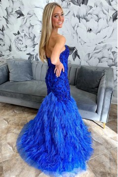 Mermaid Strapless Royal Blue Lace Long Prom Dresses 801113