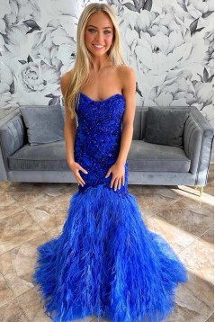 Mermaid Strapless Royal Blue Lace Long Prom Dresses 801113