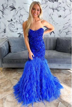 Mermaid Strapless Royal Blue Lace Long Prom Dresses 801113