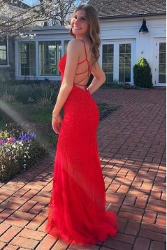 Mermaid Red Lace Spaghetti Straps Long Prom Dresses 801116