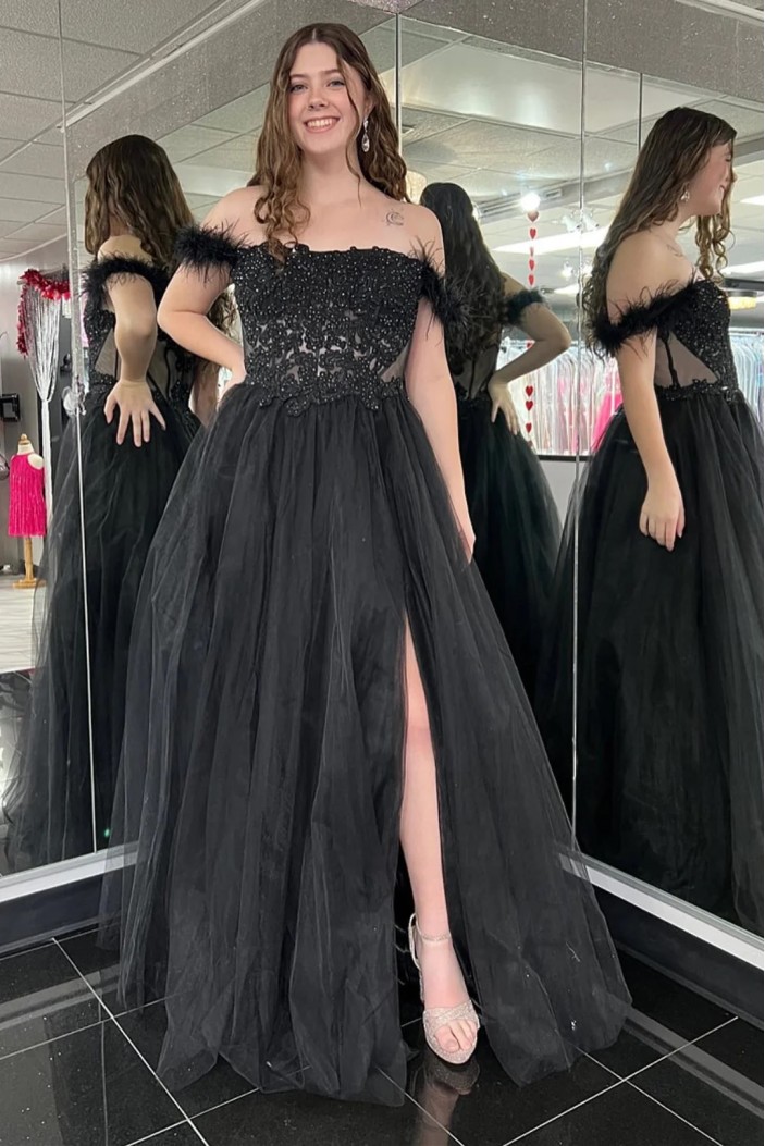 Long Black Beaded Lace and Tulle Prom Dresses 801118