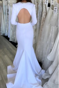Mermaid Beaded Long White Prom Dresses with Long Sleeves 801119