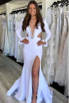 Mermaid Beaded Long White Prom Dresses with Long Sleeves 801119