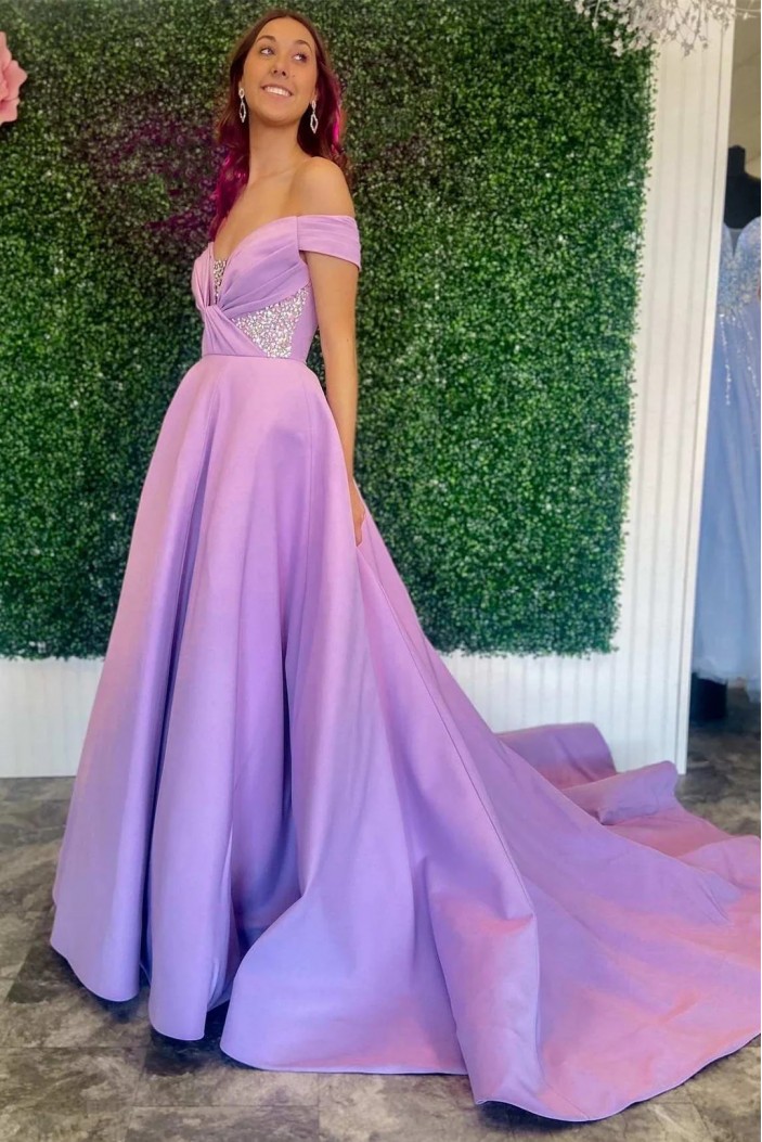 A-Line Off the Shoulder Beaded Purple Long Prom Dresses 801121