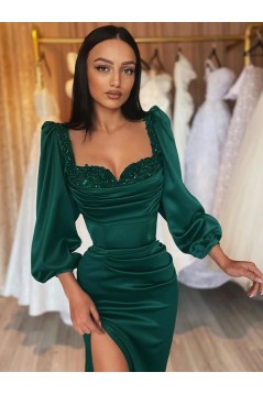 Mermaid Dark Green Long Prom Dresses with Sleeves 801126