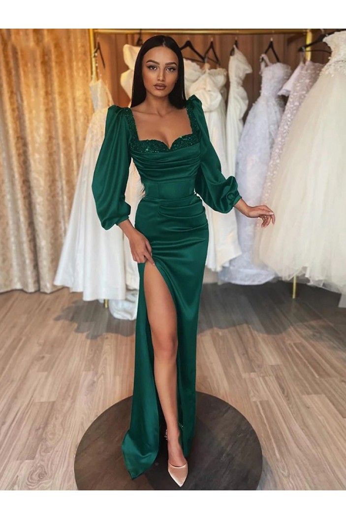 Mermaid Dark Green Long Prom Dresses with Sleeves 801126