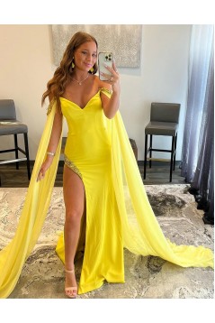 Long Yellow Beaded Prom Dresses with Slit 801128