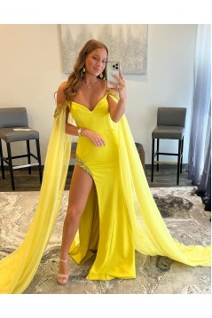 Long Yellow Beaded Prom Dresses with Slit 801128