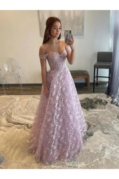 A-Line Off the Shoulder Lace Long Prom Dresses 801129