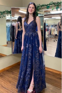 A-Line Navy Blue Lace Long Prom Dresses 801135