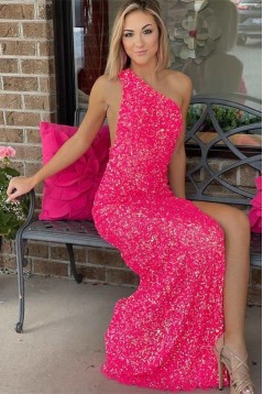 Pink One Shoulder Sequins Long Prom Dresses 801139