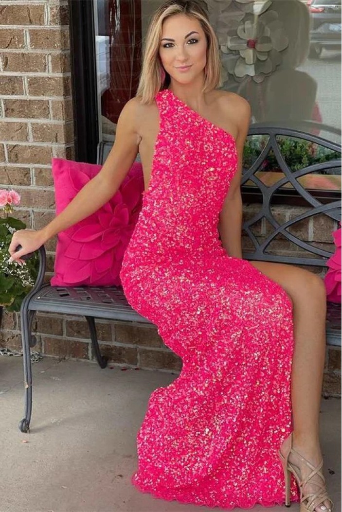 Pink One Shoulder Sequins Long Prom Dresses 801139