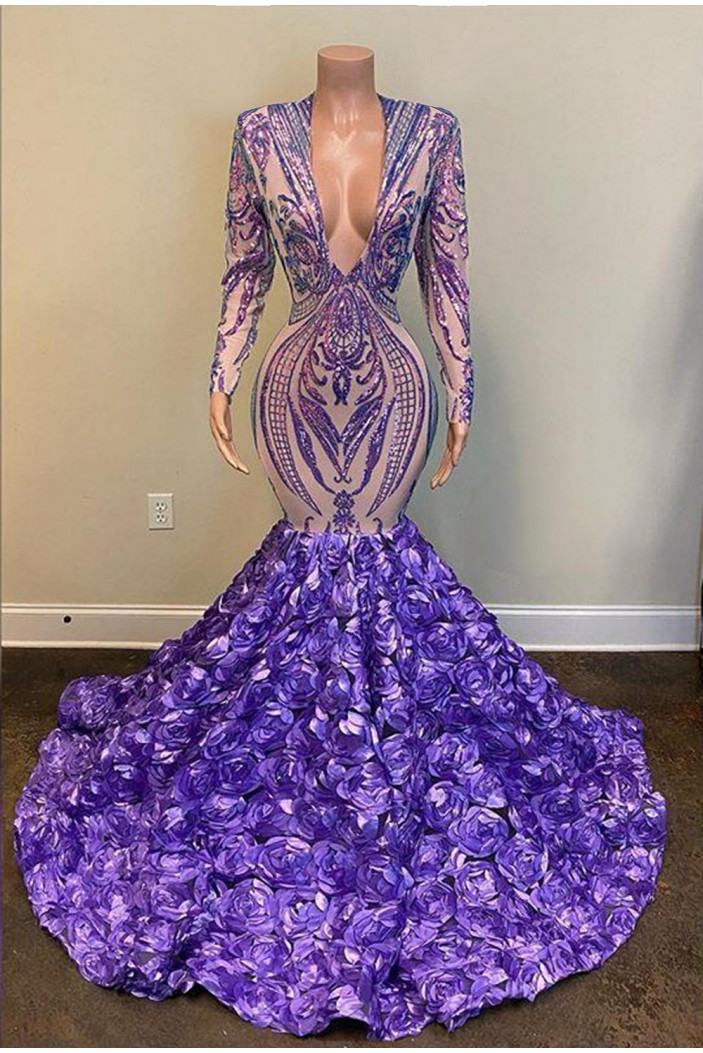 Long Purple Mermaid Lace Prom Dresses 801140