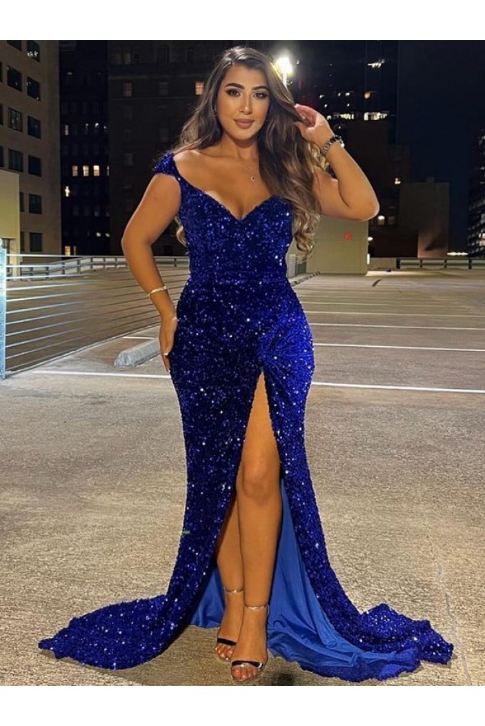 Mermaid Royal Blue Sequins Long Prom Dresses 801142