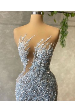 Mermaid Light Blue Sparkle Sequin Tulle Long Prom Dresses 801145