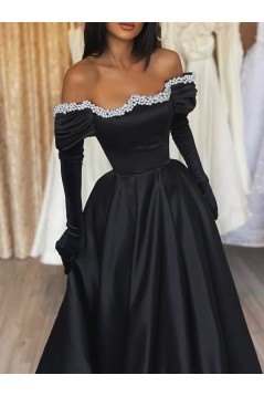 A-Line Off the Shoulder Long Prom Dresses with Pearl 801146