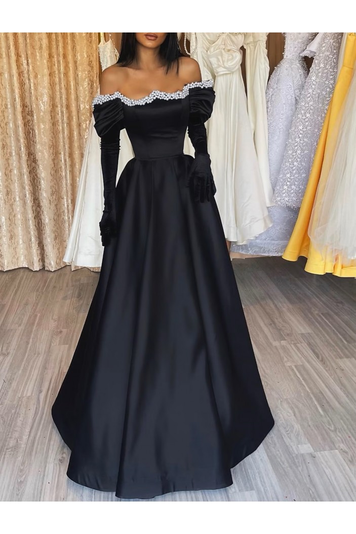 A-Line Off the Shoulder Long Prom Dresses with Pearl 801146