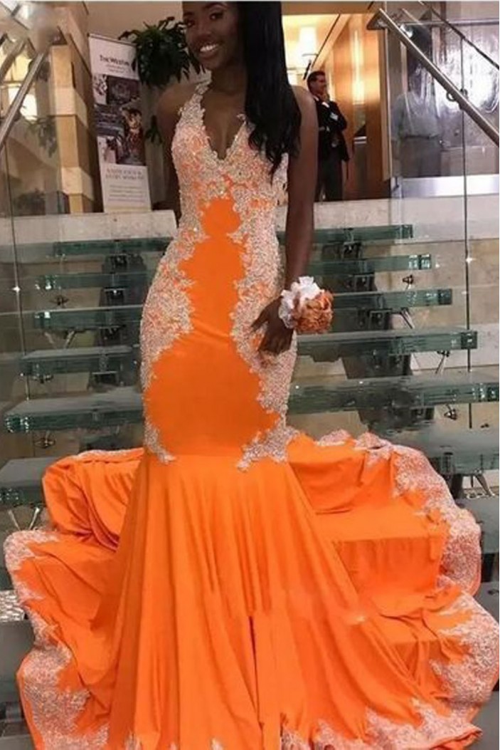 Mermaid Halter Lace Long Prom Dresses 801149