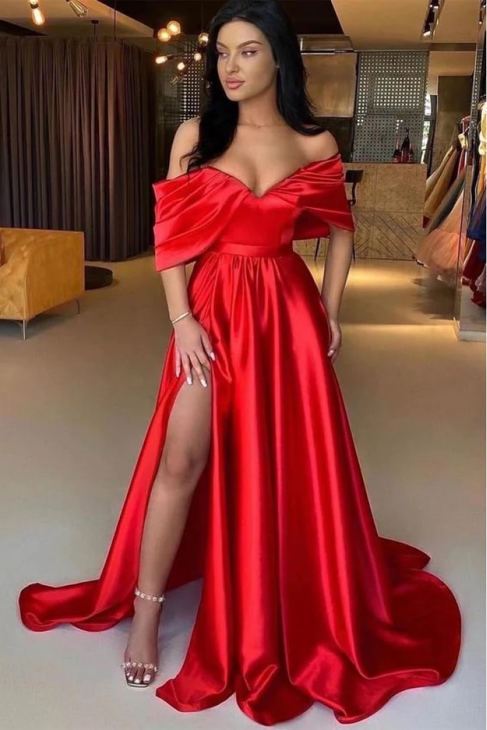 A-Line Off the Shoulder Red Satin Long Prom Dresses 801150