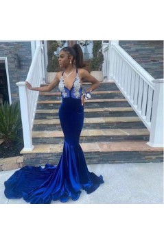 Mermaid Royal Blue V Neck Beaded Lace Long Prom Dresses 801152