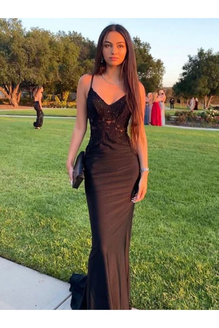 Long Black Mermaid Lace Spaghetti Straps Prom Dresses 801156