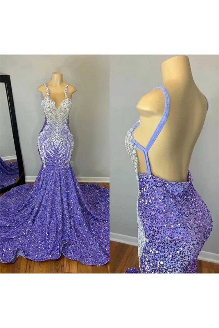 Mermaid Beaded Purple Long Prom Dresses 801157