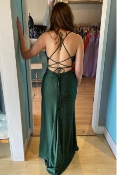 Dark Green Spaghetti Straps Beaded Long Prom Dresses 801159