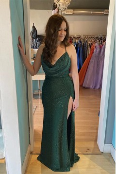 Dark Green Spaghetti Straps Beaded Long Prom Dresses 801159