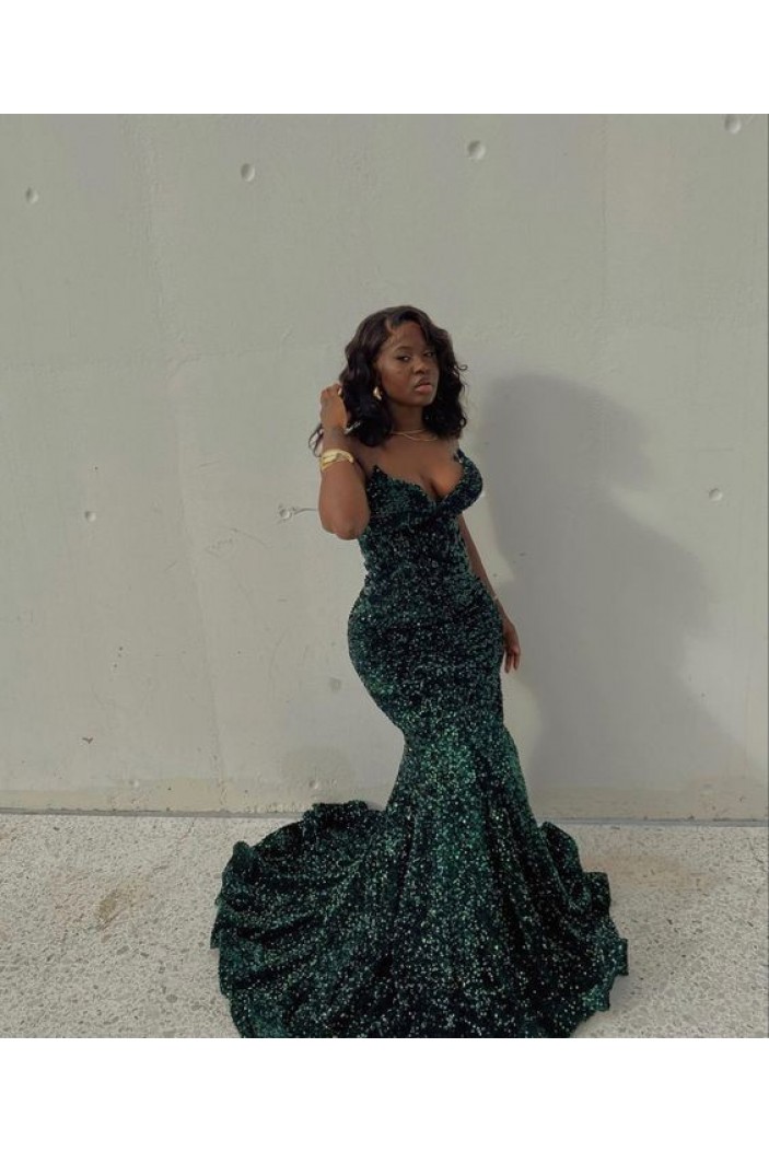 Mermaid Dark Green Sequin Long Black Girl Prom Dresses 801165