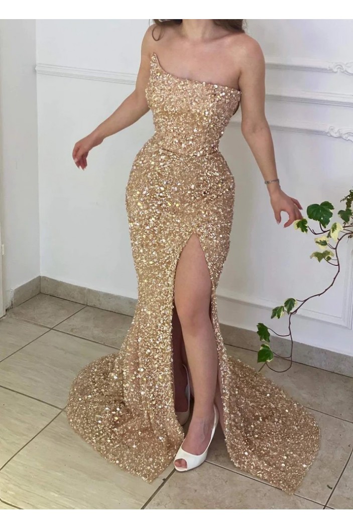 Mermaid Gold Sequin Long Prom Dresses 801167