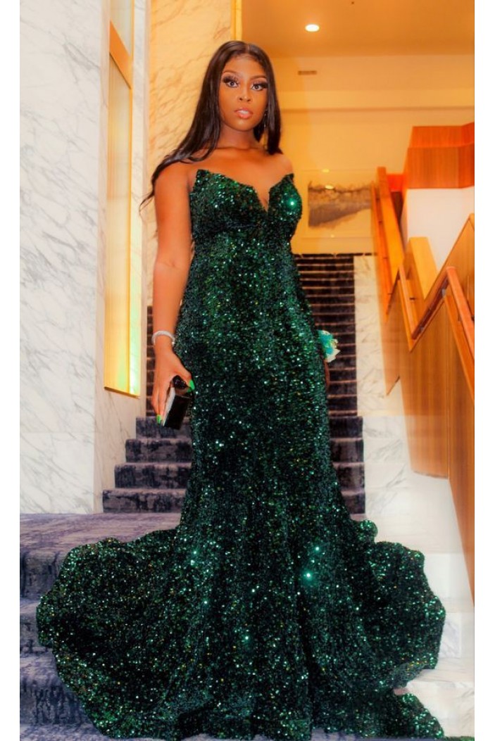 Mermaid Dark Green Sequins Long Prom Dresses 801169