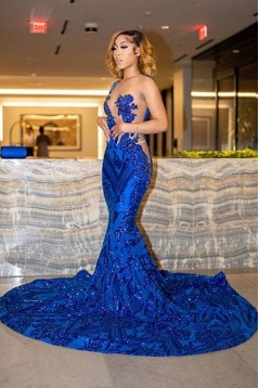 Mermaid Royal Blue Lace Long Prom Dresses 801170