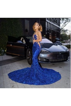 Mermaid Royal Blue Lace Long Prom Dresses 801170