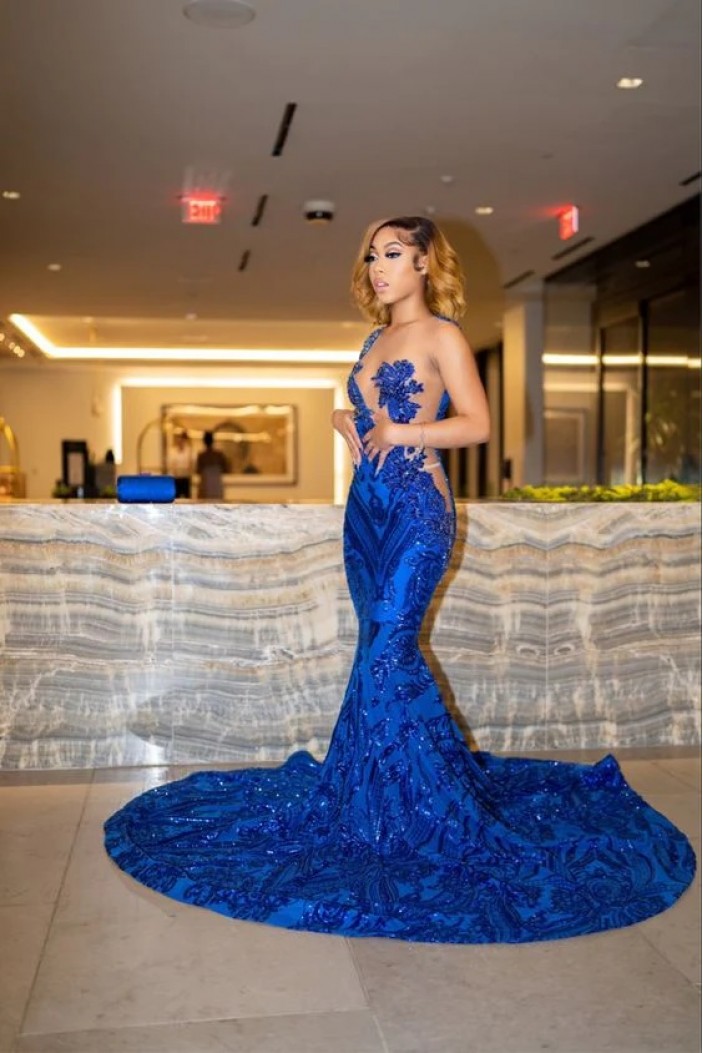 Mermaid Royal Blue Lace Long Prom Dresses 801170