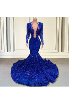 Mermaid Royal Blue Lace Long Prom Dresses with Long Sleeves 801174
