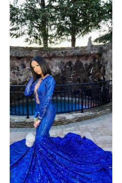 Mermaid Royal Blue Lace Long Prom Dresses with Long Sleeves 801174