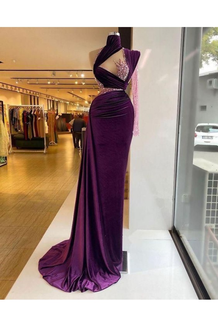 Long Beaded Purple Prom Dresses with One Sleeve 801181