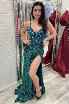 Mermaid Dark Green Sweetheart Sequins Long Prom Dresses 801186