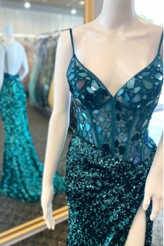 Mermaid Dark Green Sweetheart Sequins Long Prom Dresses 801186