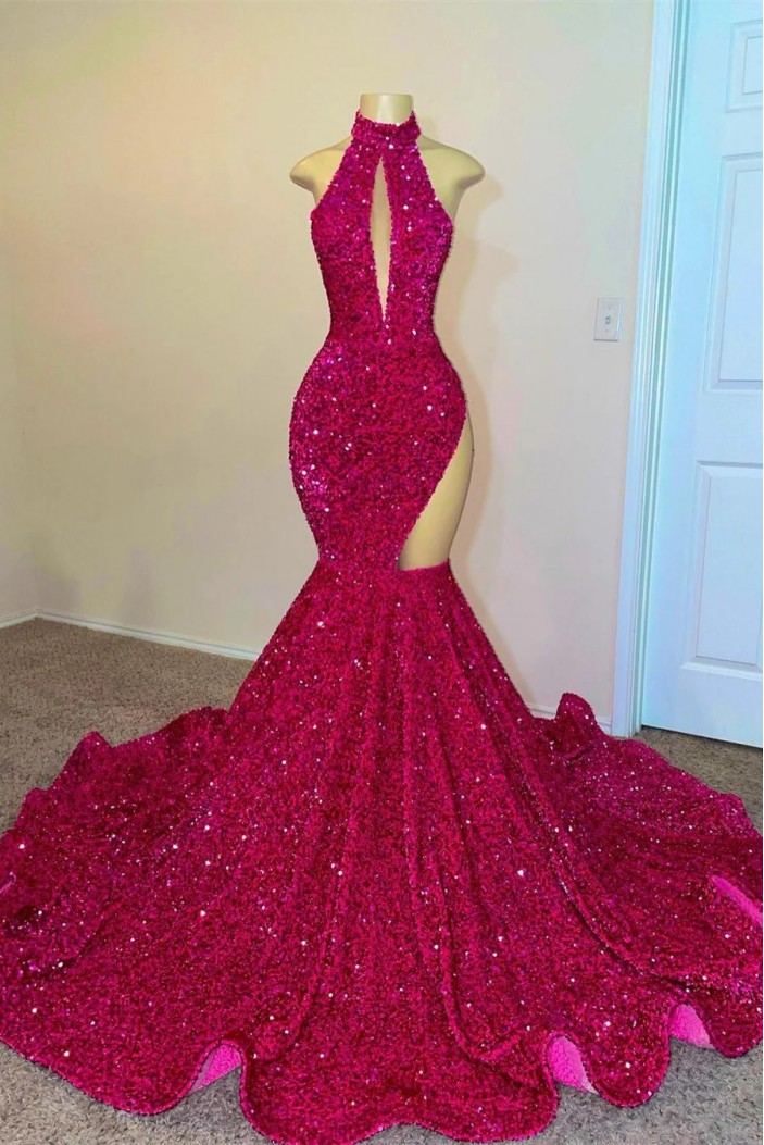 Mermaid Fuchsia Sequins Long Prom Dresses 801188