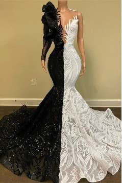 Mermaid One Sleeves Lace Long Prom Dresses 801189