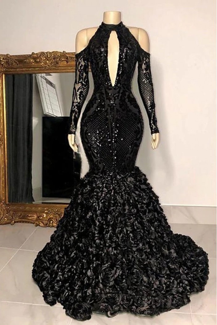 Mermaid Long Sleeves Black Lace Long Prom Dresses 801191