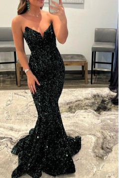 Sparkly Dark Green Sequins Mermaid Sweetheart Long Prom Dresses 801193