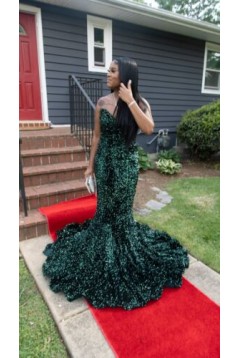 Sparkly Dark Green Sequins Mermaid Sweetheart Long Prom Dresses 801193