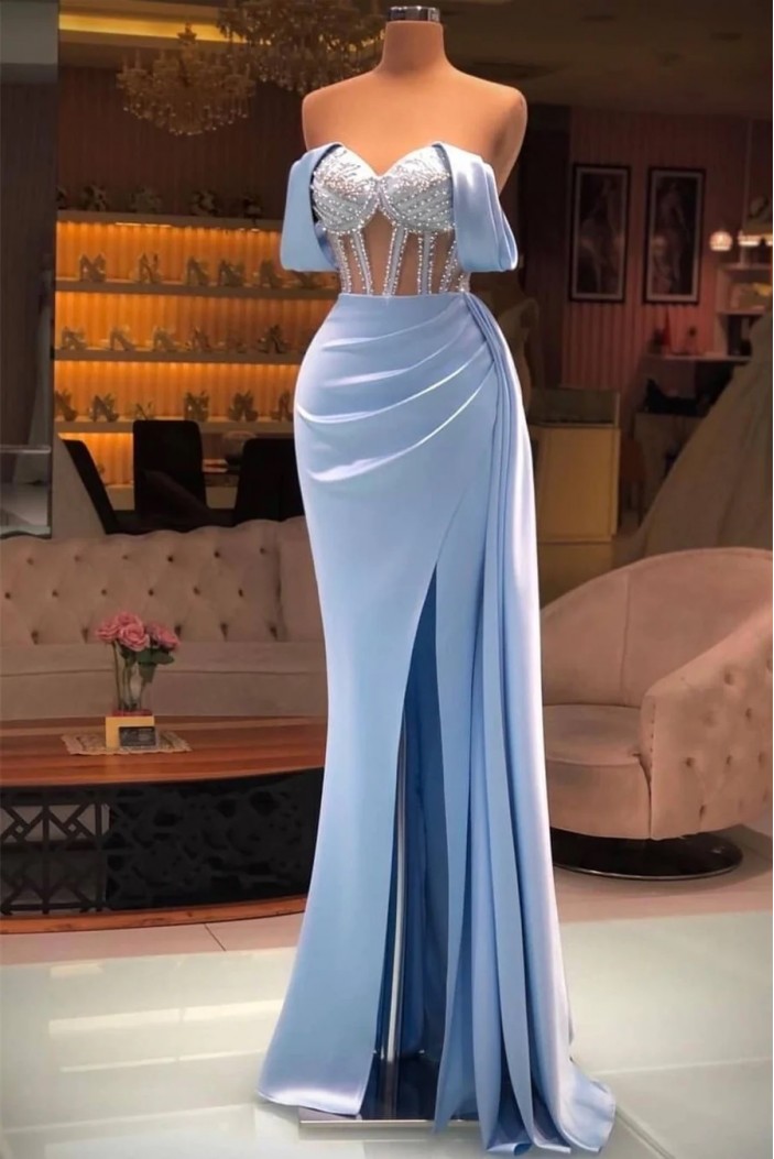 Mermaid Blue Beaded Long Prom Dresses 801196